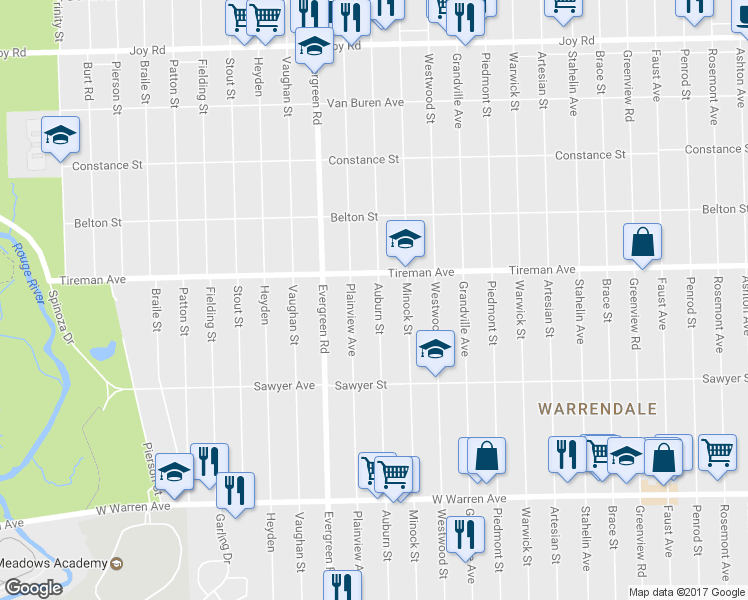 map of restaurants, bars, coffee shops, grocery stores, and more near 7789 Auburn Street in Detroit