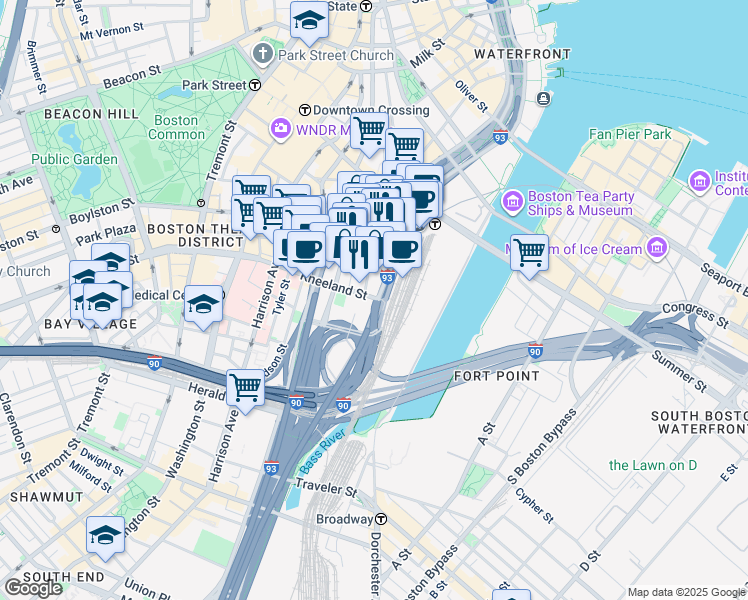 map of restaurants, bars, coffee shops, grocery stores, and more near 199 Kneeland Street in Boston