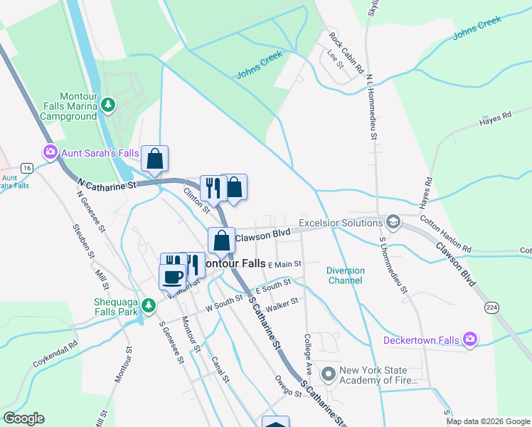 map of restaurants, bars, coffee shops, grocery stores, and more near 208 West Broadway in Montour Falls