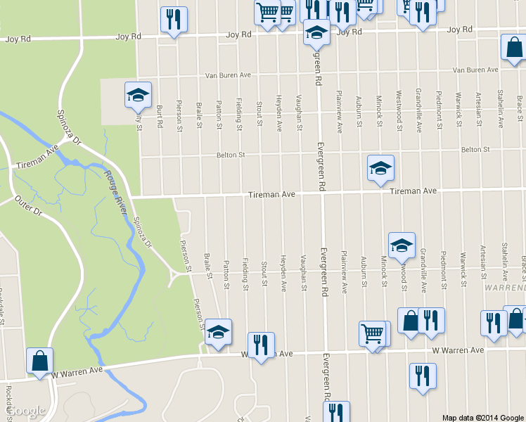 map of restaurants, bars, coffee shops, grocery stores, and more near 7795 Stout St in Detroit
