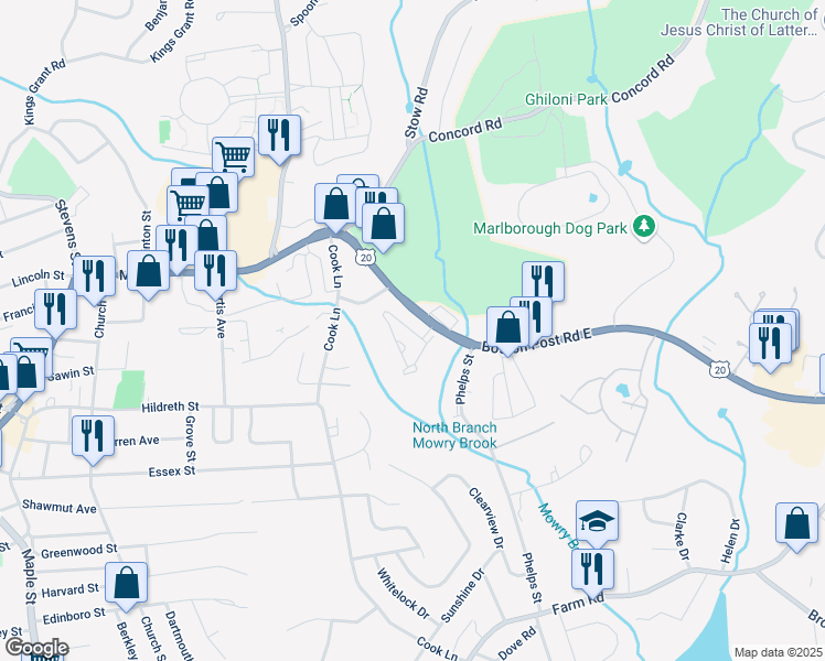 map of restaurants, bars, coffee shops, grocery stores, and more near 2 Avalon Drive in Marlborough