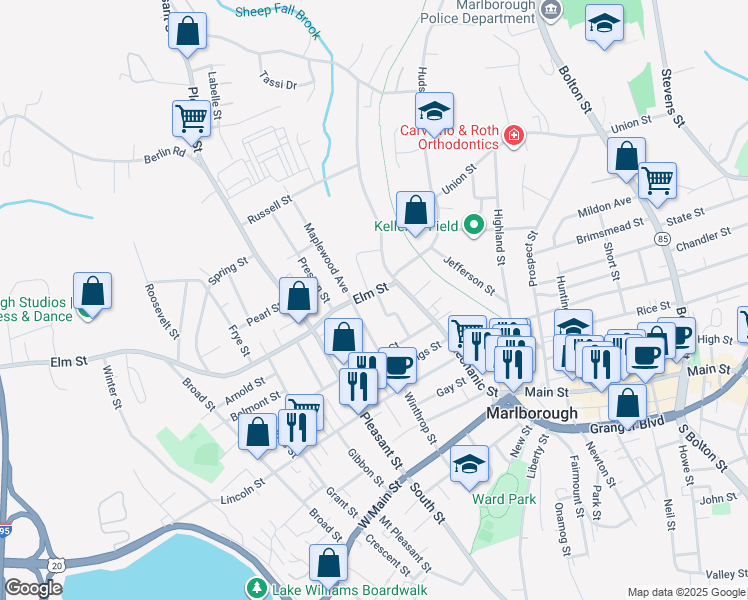 map of restaurants, bars, coffee shops, grocery stores, and more near 52 Norwood Street in Marlborough