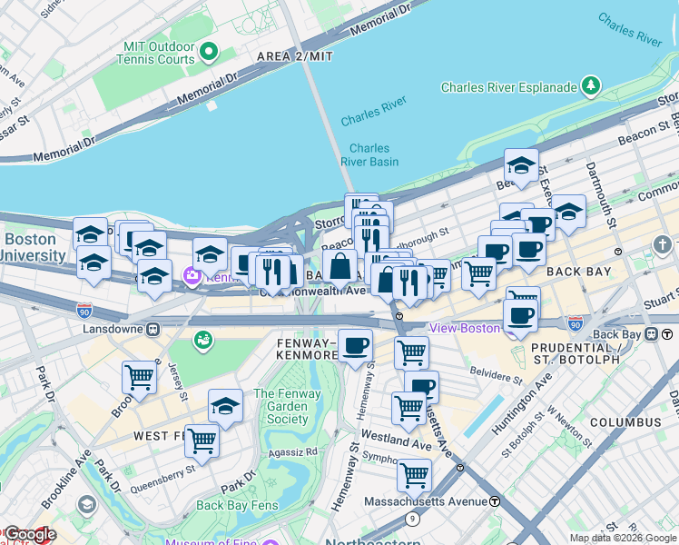 map of restaurants, bars, coffee shops, grocery stores, and more near 405 Commonwealth Avenue in Boston