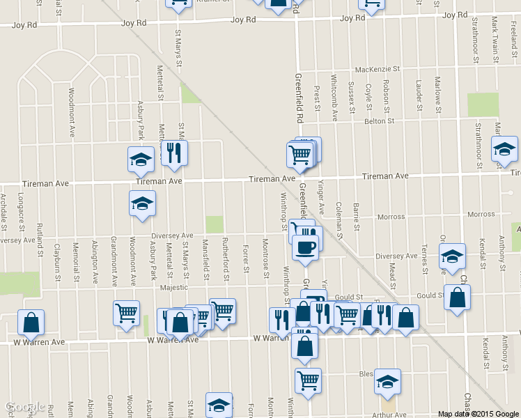 map of restaurants, bars, coffee shops, grocery stores, and more near 7775 Montrose Street in Detroit