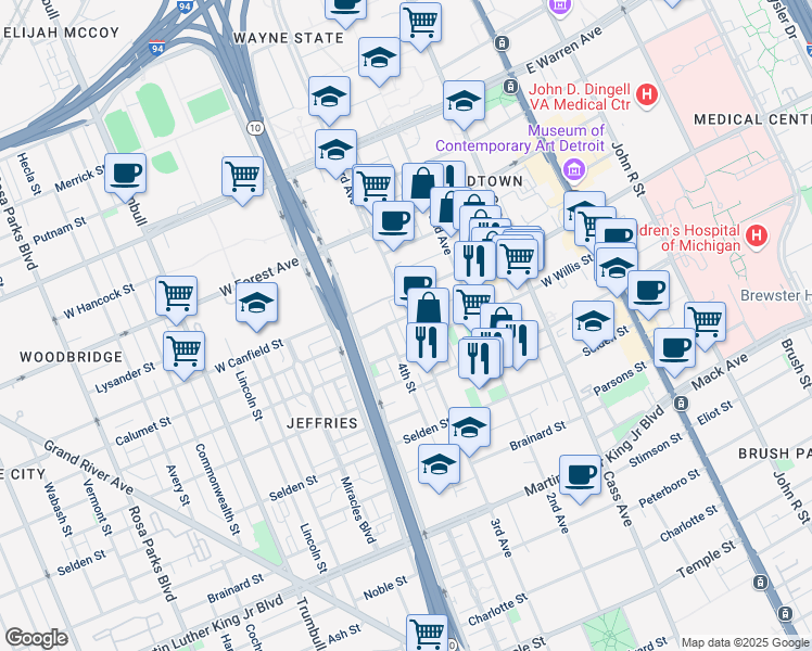 map of restaurants, bars, coffee shops, grocery stores, and more near 4255 3rd Avenue in Detroit