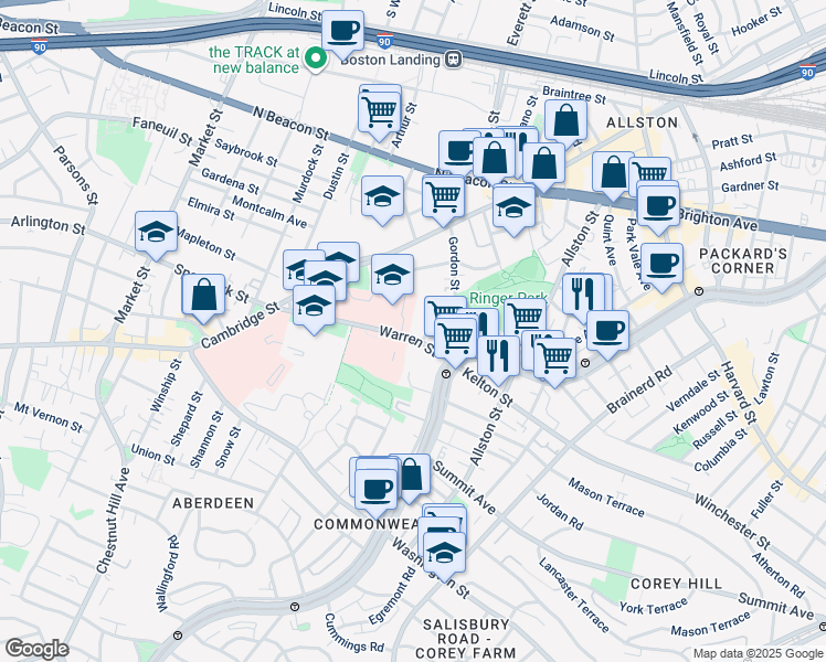 map of restaurants, bars, coffee shops, grocery stores, and more near 98-100 Warren Street in Boston