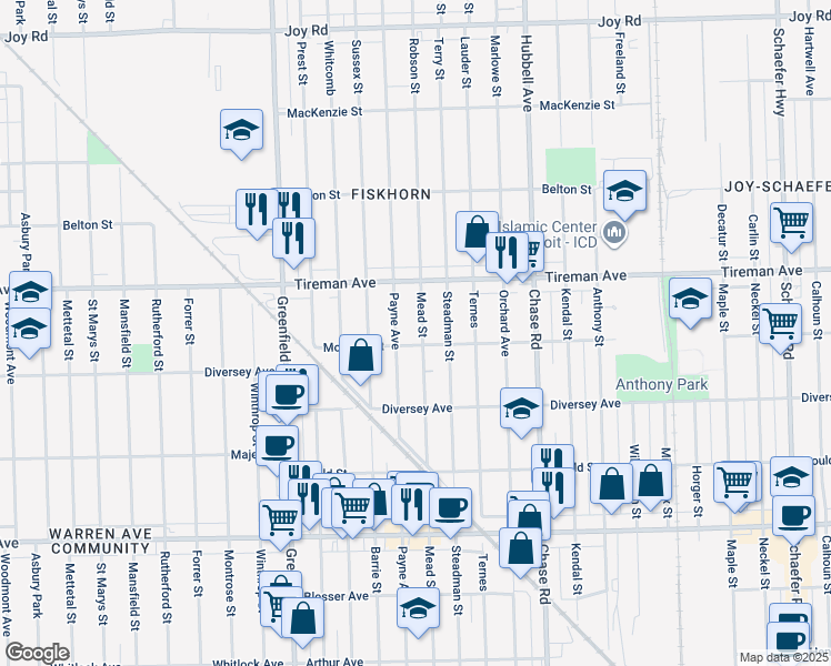 map of restaurants, bars, coffee shops, grocery stores, and more near 7821 Mead Street in Dearborn