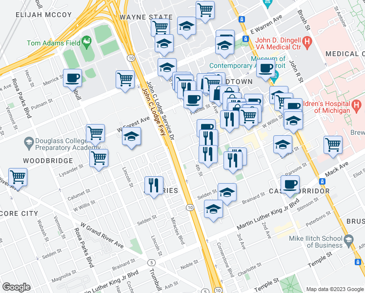map of restaurants, bars, coffee shops, grocery stores, and more near 860 Calumet Street in Detroit