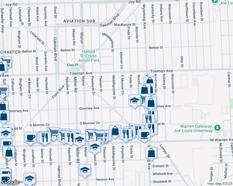 map of restaurants, bars, coffee shops, grocery stores, and more near 7738 Middlepointe Street in Dearborn