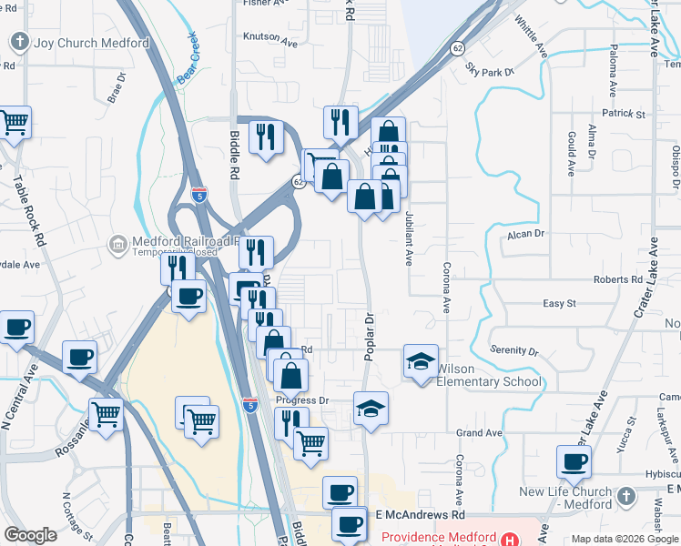 map of restaurants, bars, coffee shops, grocery stores, and more near 2101 Poplar Drive in Medford