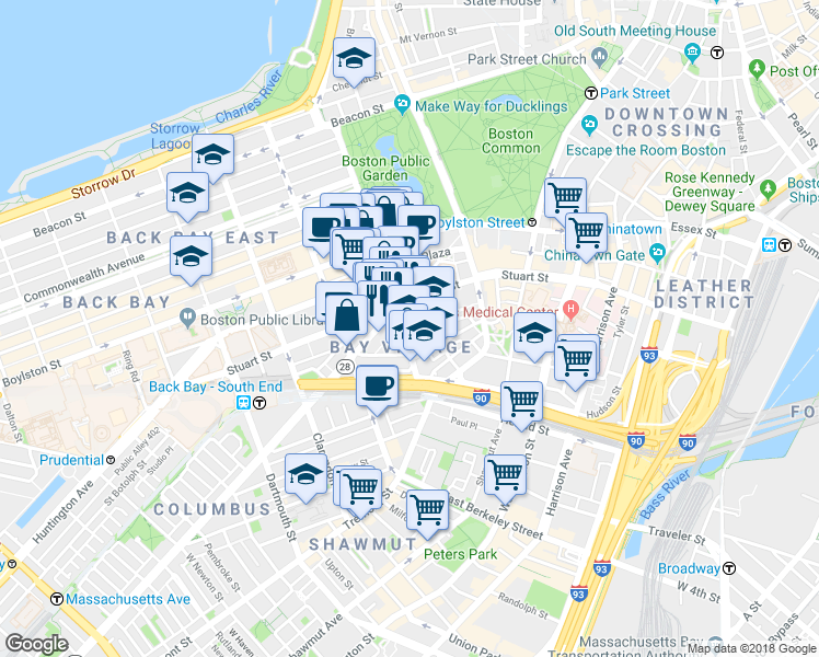 map of restaurants, bars, coffee shops, grocery stores, and more near in Boston