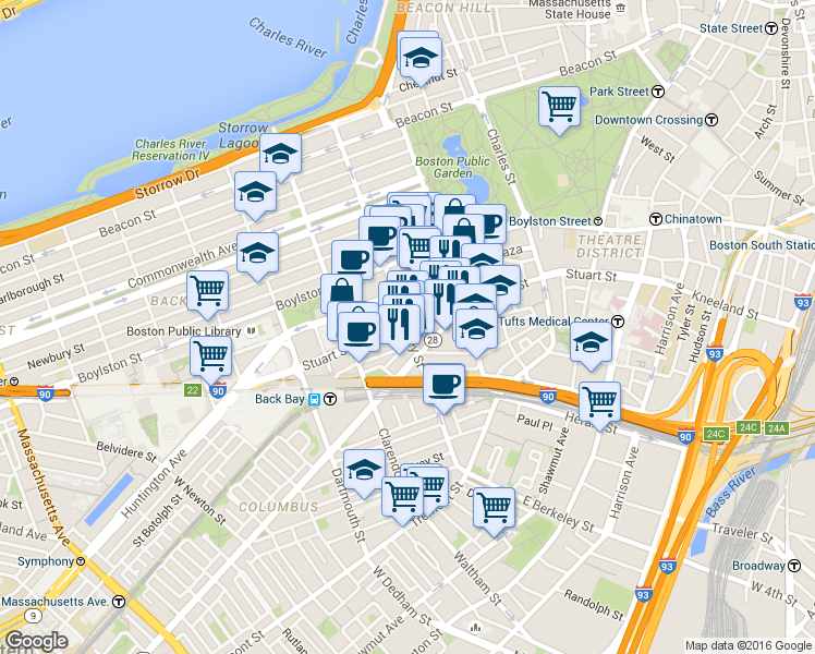 map of restaurants, bars, coffee shops, grocery stores, and more near 155 Columbus Avenue in Boston