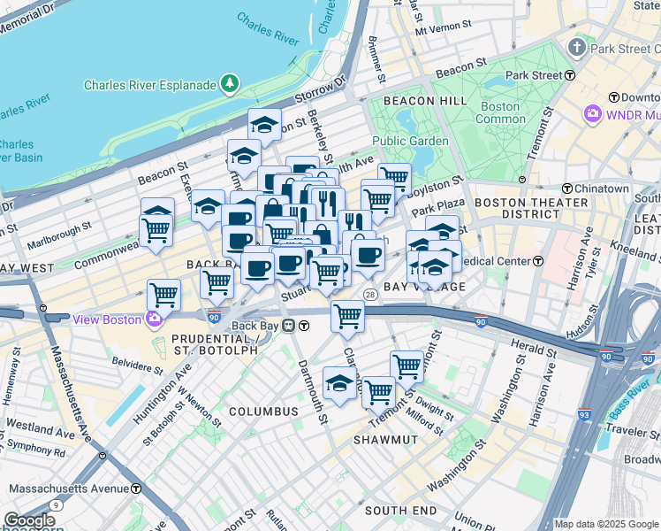 map of restaurants, bars, coffee shops, grocery stores, and more near 197 Clarendon Street in Boston