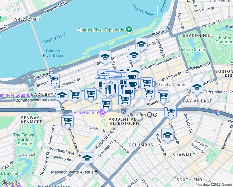 map of restaurants, bars, coffee shops, grocery stores, and more near 754 Boylston Street in Boston
