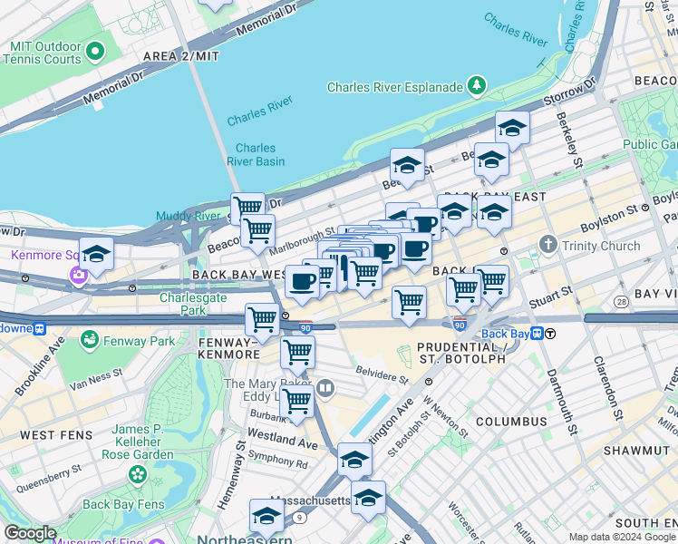 map of restaurants, bars, coffee shops, grocery stores, and more near 296 Commonwealth Avenue in Boston