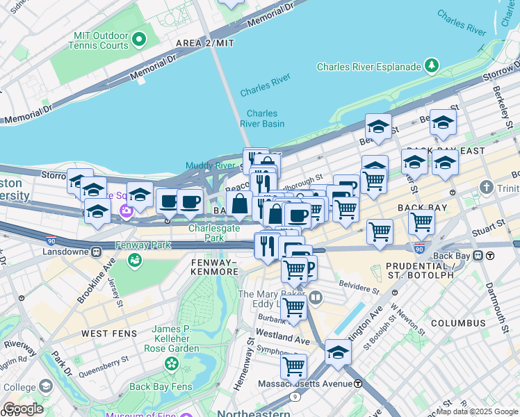 map of restaurants, bars, coffee shops, grocery stores, and more near 377 Commonwealth Avenue in Boston