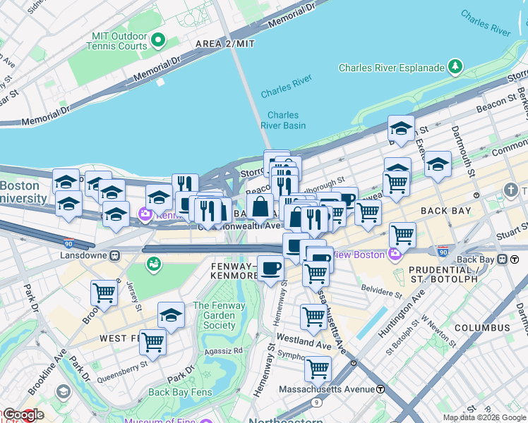 map of restaurants, bars, coffee shops, grocery stores, and more near 409 Commonwealth Avenue in Boston