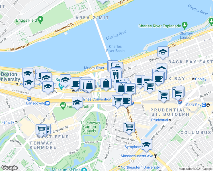 map of restaurants, bars, coffee shops, grocery stores, and more near 409 Commonwealth Avenue in Boston