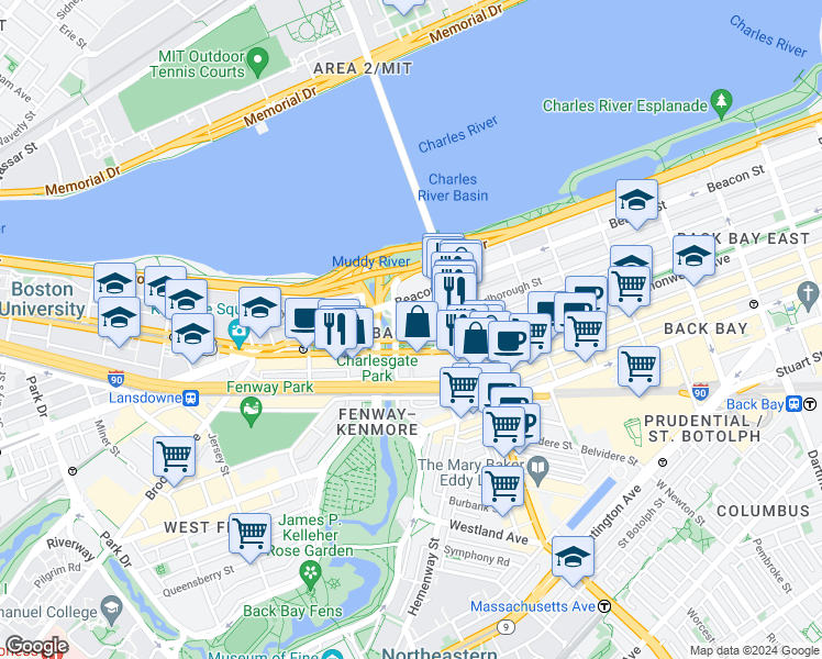 map of restaurants, bars, coffee shops, grocery stores, and more near 409 Commonwealth Avenue in Boston