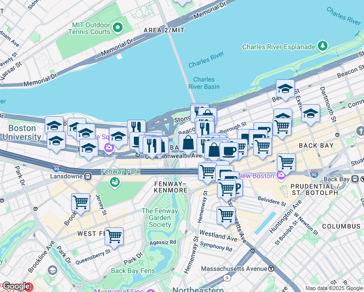 map of restaurants, bars, coffee shops, grocery stores, and more near 409 Commonwealth Avenue in Boston
