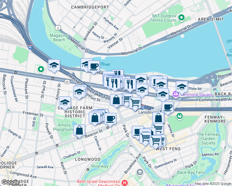 map of restaurants, bars, coffee shops, grocery stores, and more near 728 Commonwealth Avenue in Boston