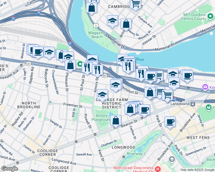 map of restaurants, bars, coffee shops, grocery stores, and more near 14 Dummer Street in Brookline