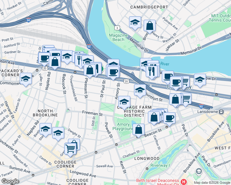 map of restaurants, bars, coffee shops, grocery stores, and more near 15 Egmont Street in Brookline