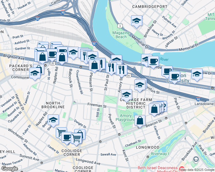 map of restaurants, bars, coffee shops, grocery stores, and more near 49 Egmont Street in Brookline