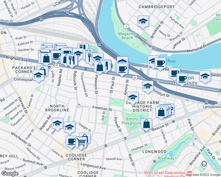 map of restaurants, bars, coffee shops, grocery stores, and more near 49 Egmont Street in Brookline