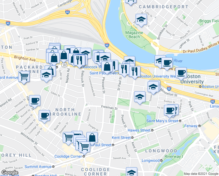 map of restaurants, bars, coffee shops, grocery stores, and more near 76 Egmont Street in Brookline
