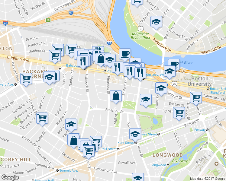 map of restaurants, bars, coffee shops, grocery stores, and more near 76 Egmont Street in Brookline