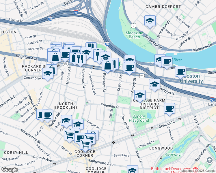 map of restaurants, bars, coffee shops, grocery stores, and more near 76 Egmont Street in Brookline