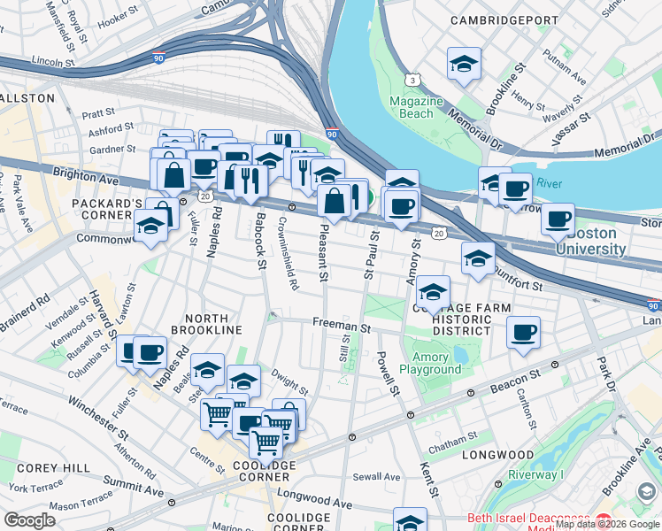 map of restaurants, bars, coffee shops, grocery stores, and more near 76 Egmont Street in Brookline