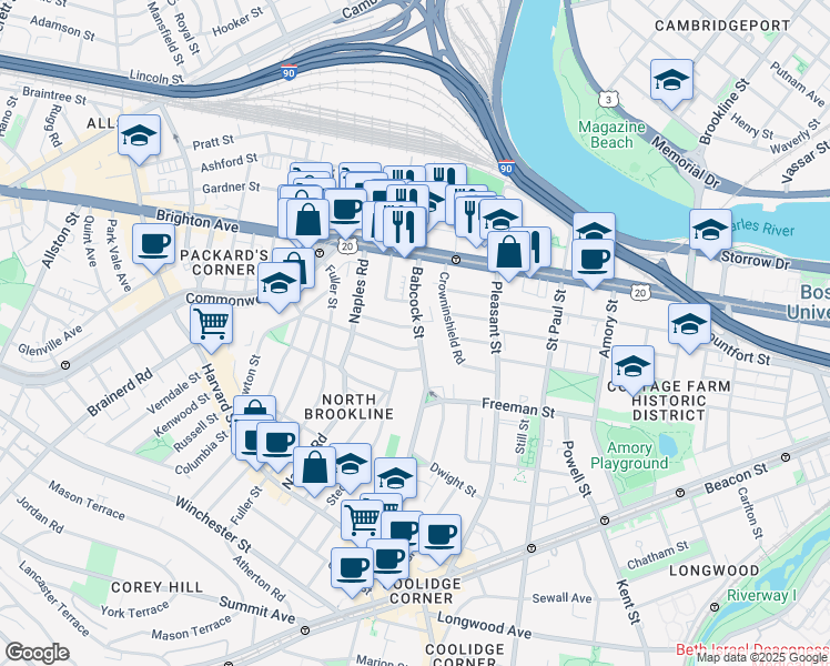 map of restaurants, bars, coffee shops, grocery stores, and more near 187 Babcock Street in Brookline