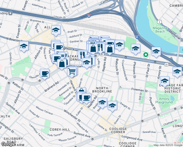 map of restaurants, bars, coffee shops, grocery stores, and more near 168 Coolidge Street in Brookline