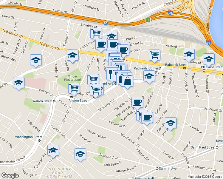 map of restaurants, bars, coffee shops, grocery stores, and more near 1254 Commonwealth Avenue in Boston