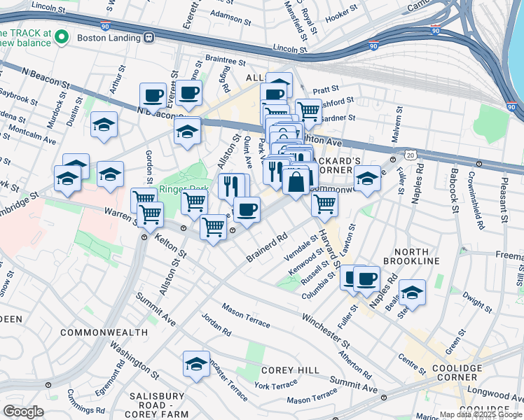 map of restaurants, bars, coffee shops, grocery stores, and more near 1277 Commonwealth Avenue in Boston