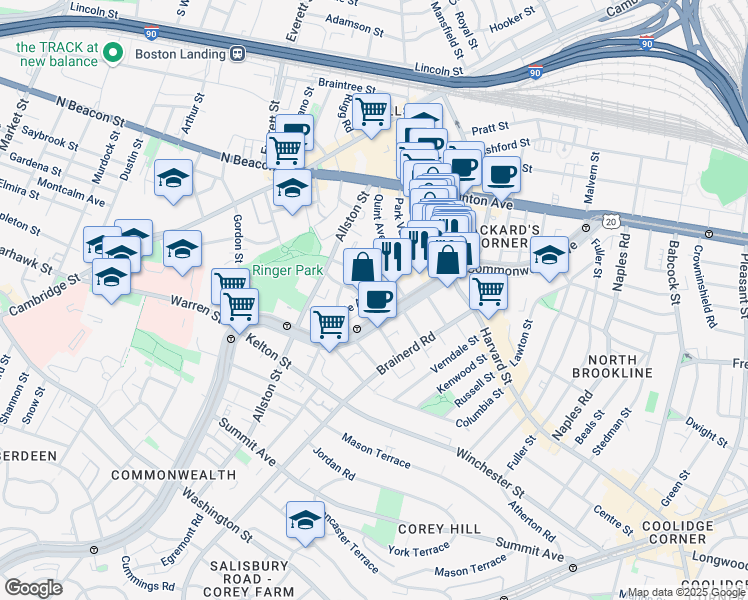 map of restaurants, bars, coffee shops, grocery stores, and more near 66 Glenville Avenue in Boston