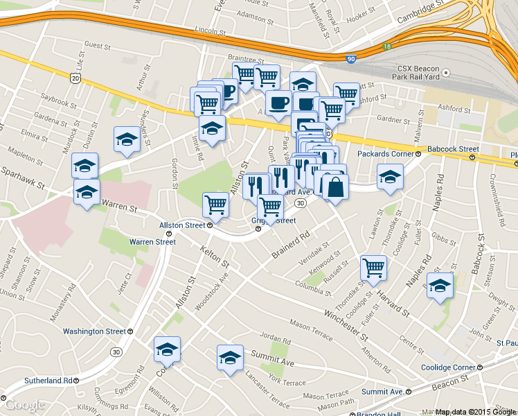 map of restaurants, bars, coffee shops, grocery stores, and more near 66 Glenville Avenue in Boston