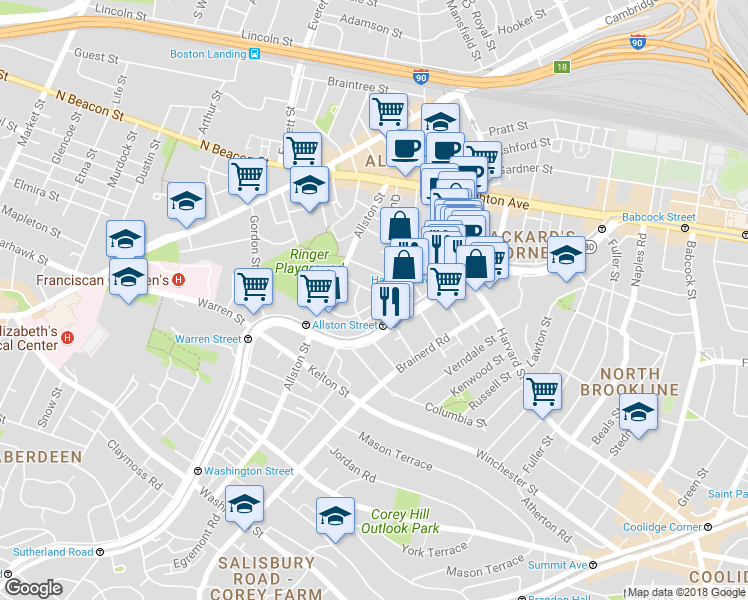 map of restaurants, bars, coffee shops, grocery stores, and more near 66 Glenville Avenue in Boston