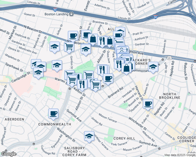 map of restaurants, bars, coffee shops, grocery stores, and more near 28 Long Avenue in Boston