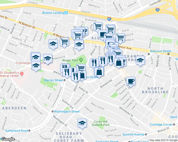 map of restaurants, bars, coffee shops, grocery stores, and more near 28 Long Avenue in Boston