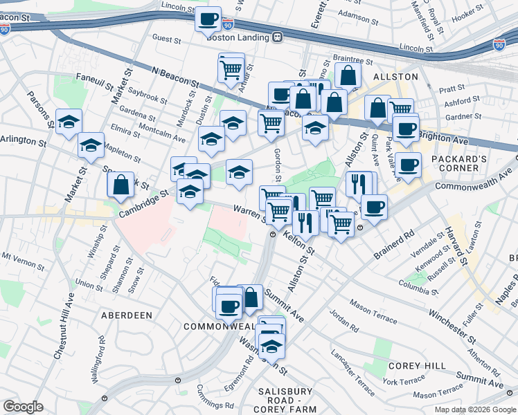 map of restaurants, bars, coffee shops, grocery stores, and more near 98-100 Warren Street in Boston