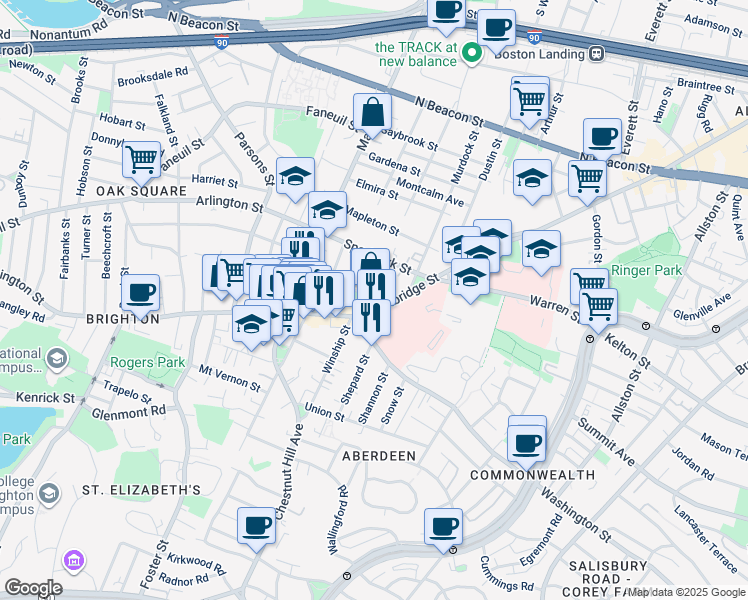 map of restaurants, bars, coffee shops, grocery stores, and more near 736 Cambridge Street in Boston