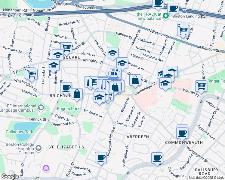 map of restaurants, bars, coffee shops, grocery stores, and more near 8 Waldo Terrace in Boston