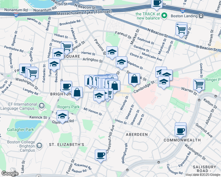 map of restaurants, bars, coffee shops, grocery stores, and more near 385 Washington Street in Boston