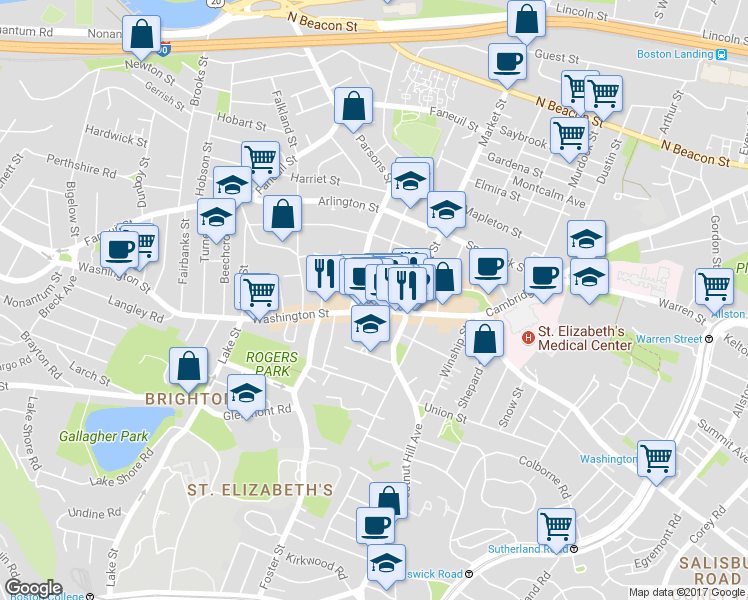 map of restaurants, bars, coffee shops, grocery stores, and more near 15 Parsons Street in Boston