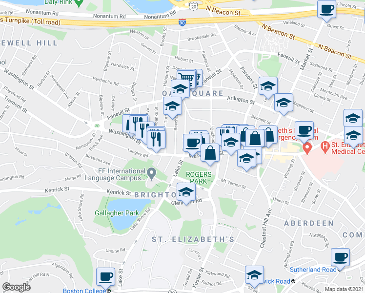map of restaurants, bars, coffee shops, grocery stores, and more near in Boston