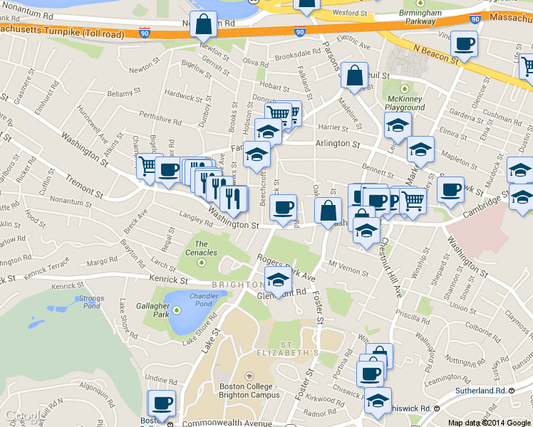 map of restaurants, bars, coffee shops, grocery stores, and more near 10 Beechcroft Street in Boston