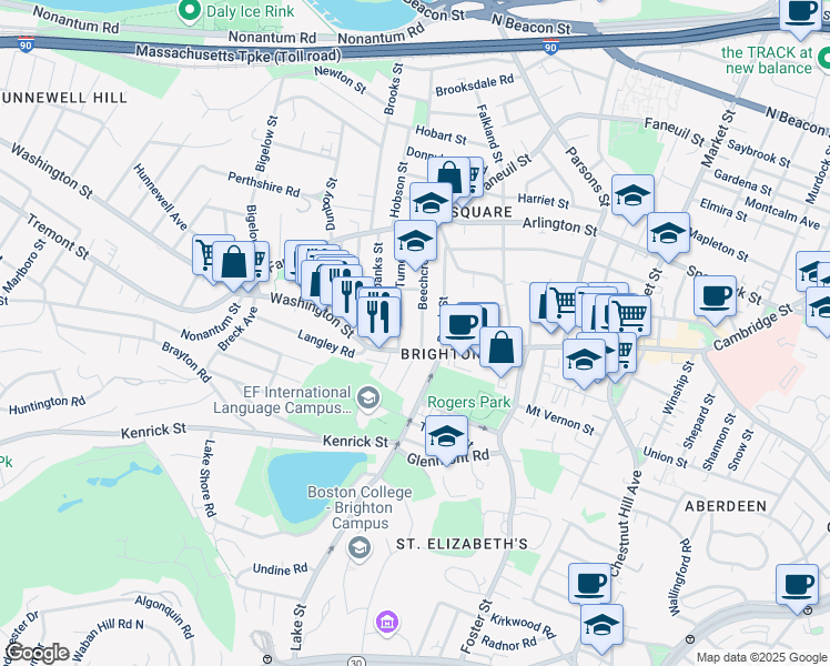 map of restaurants, bars, coffee shops, grocery stores, and more near 10 Beechcroft Street in Boston